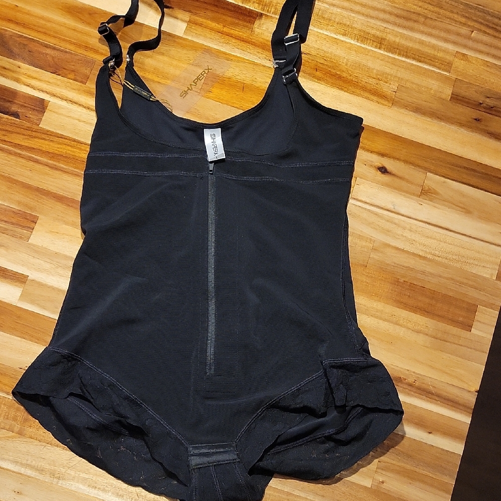 SHAPERX Black Bodysuit with Lace Trim